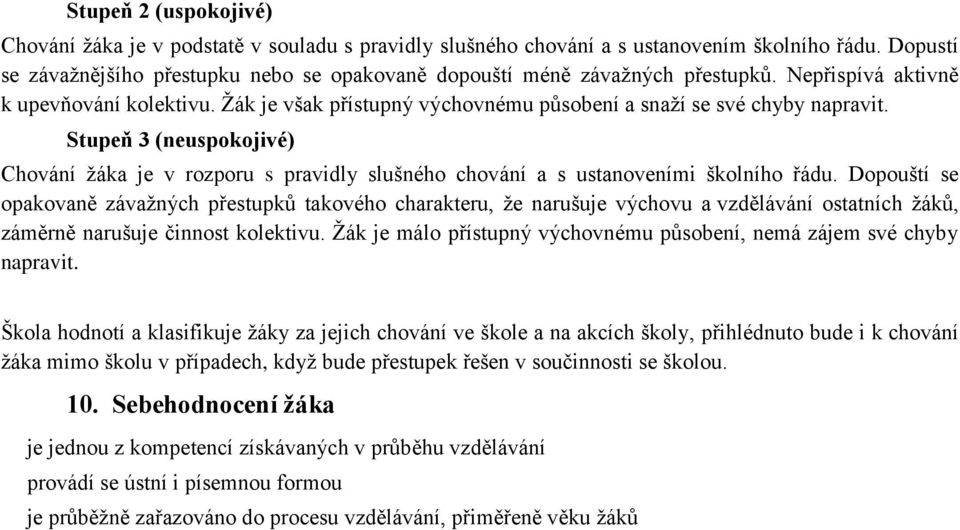 Žák je však přístupný výchovnému působení a snaží se své chyby napravit. Stupeň 3 (neuspokojivé) Chování žáka je v rozporu s pravidly slušného chování a s ustanoveními školního řádu.