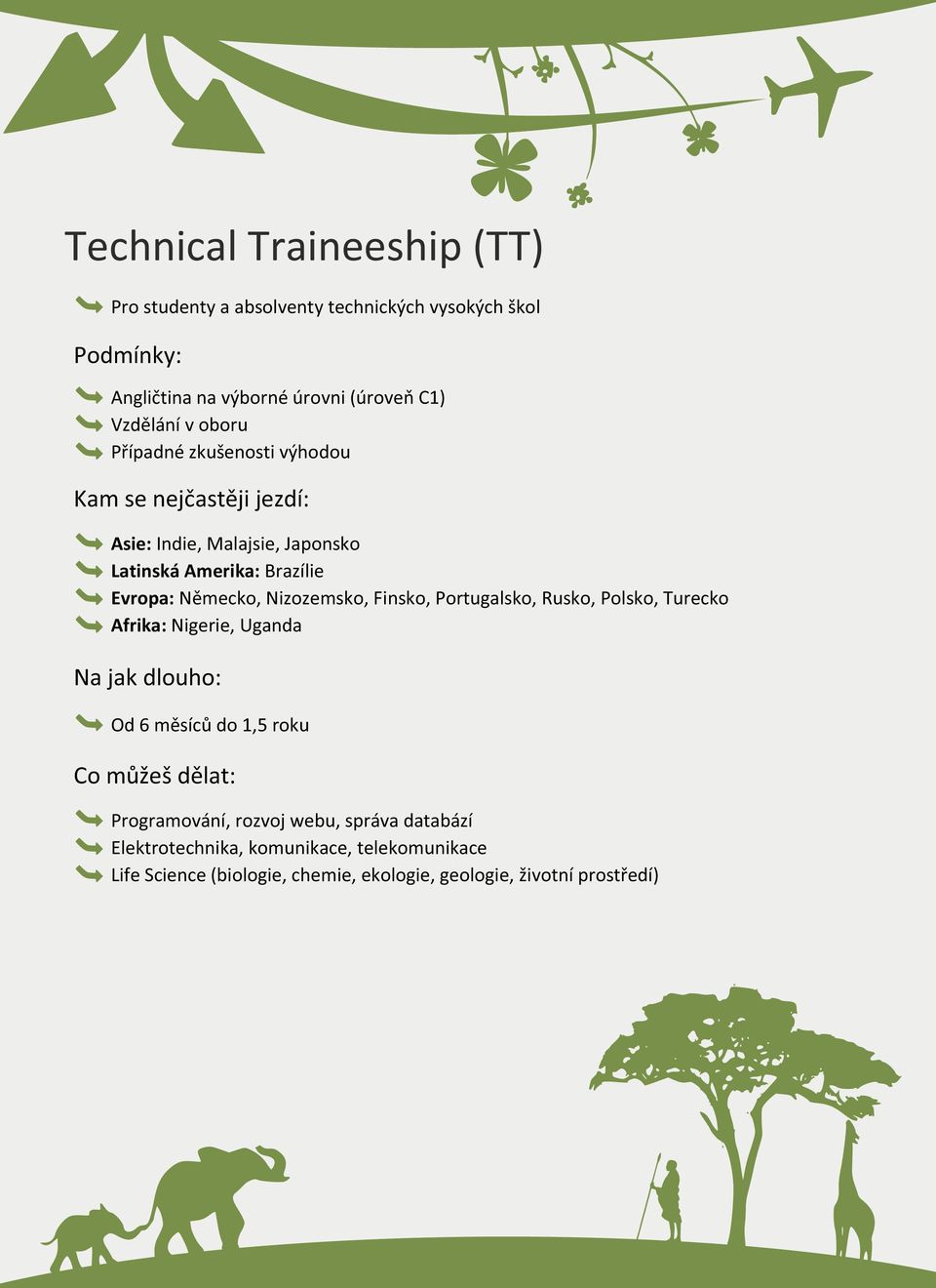 Nizozemsko, Finsko, Portugalsko, Rusko, Polsko, Turecko Afrika: Nigerie, Uganda Na jak dlouho: Od 6 měsíců do 1,5 roku Co můžeš dělat: