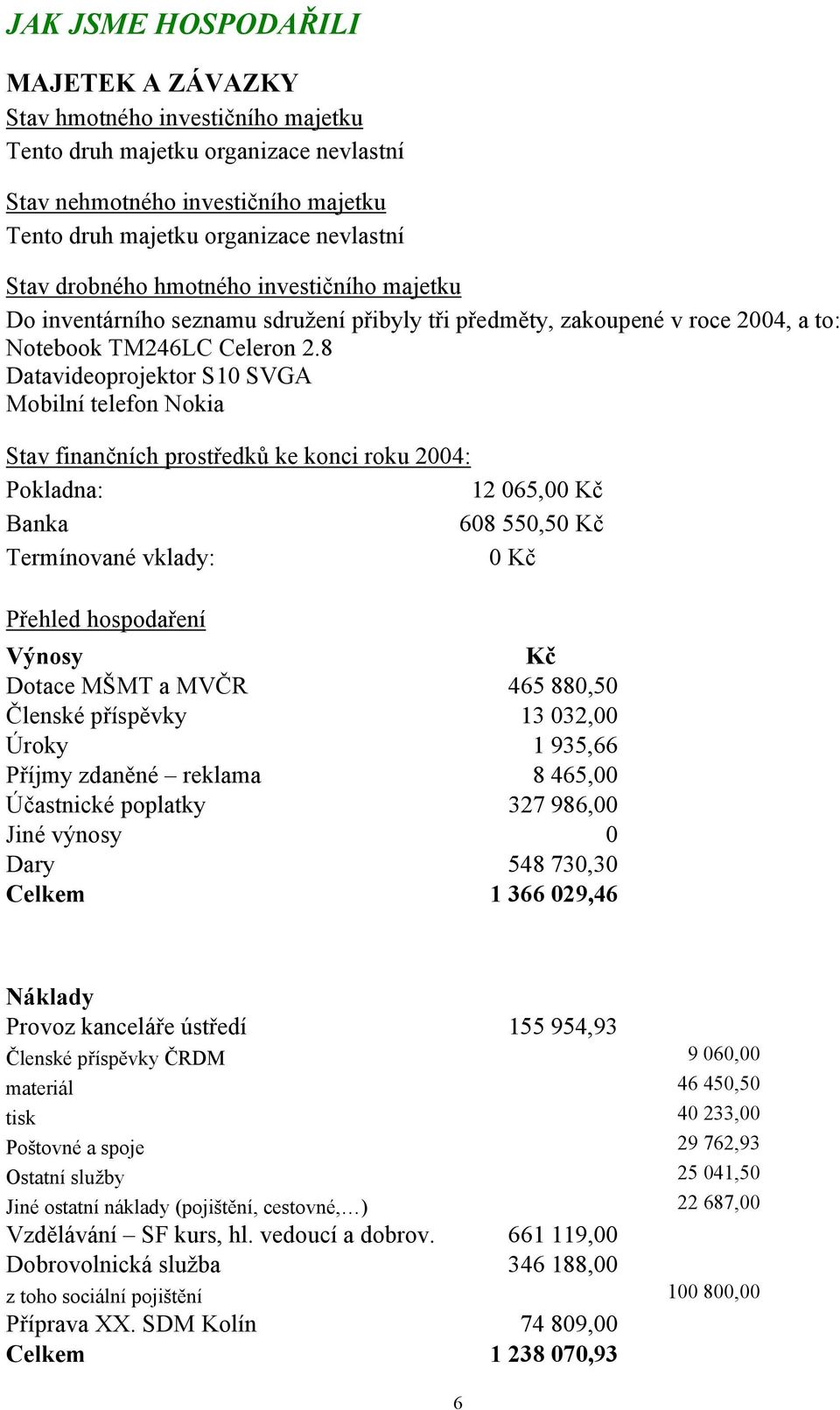 8 Datavideoprojektor S10 SVGA Mobilní telefon Nokia Stav finančních prostředků ke konci roku 2004: Pokladna: 12 065,00 Kč Banka 608 550,50 Kč Termínované vklady: 0 Kč Přehled hospodaření Výnosy Kč