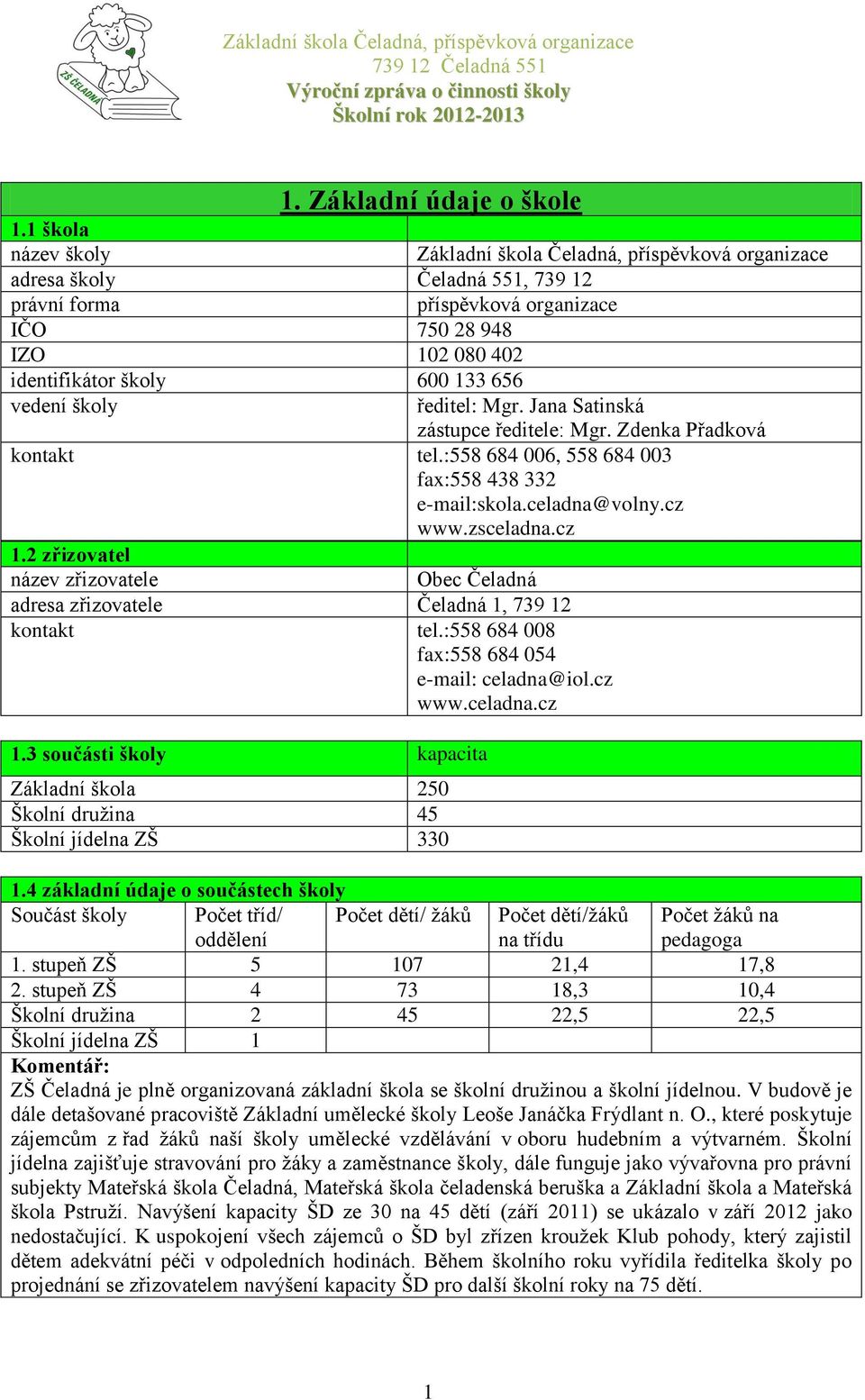 vedení školy ředitel: Mgr. Jana Satinská zástupce ředitele: Mgr. Zdenka Přadková kontakt tel.:558 684 006, 558 684 003 fax:558 438 332 e-mail:skola.celadna@volny.cz www.zsceladna.cz 1.