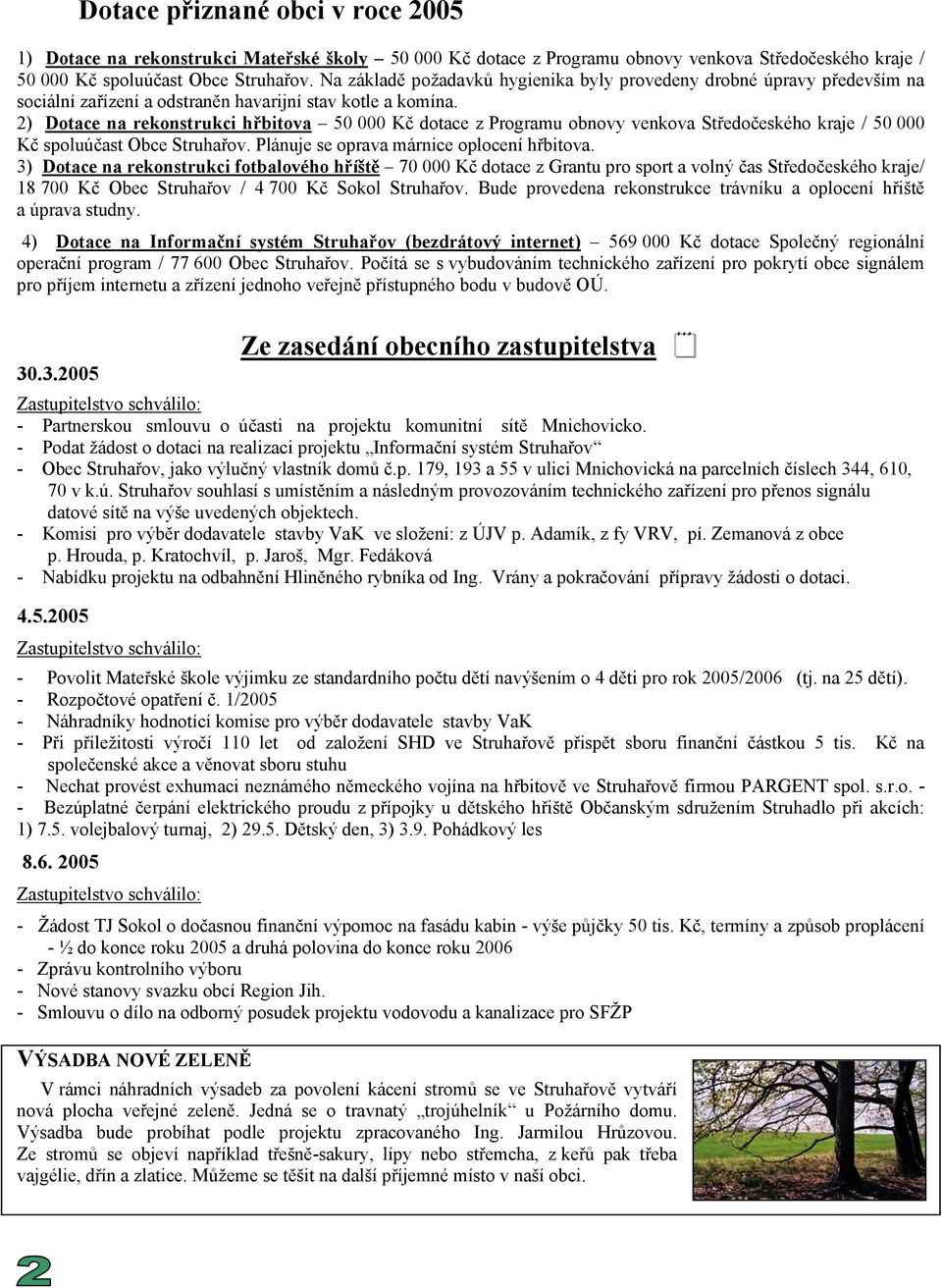 2) Dotace na rekonstrukci hřbitova 50 000 Kč dotace z Programu obnovy venkova Středočeského kraje / 50 000 Kč spoluúčast Obce Struhařov. Plánuje se oprava márnice oplocení hřbitova.