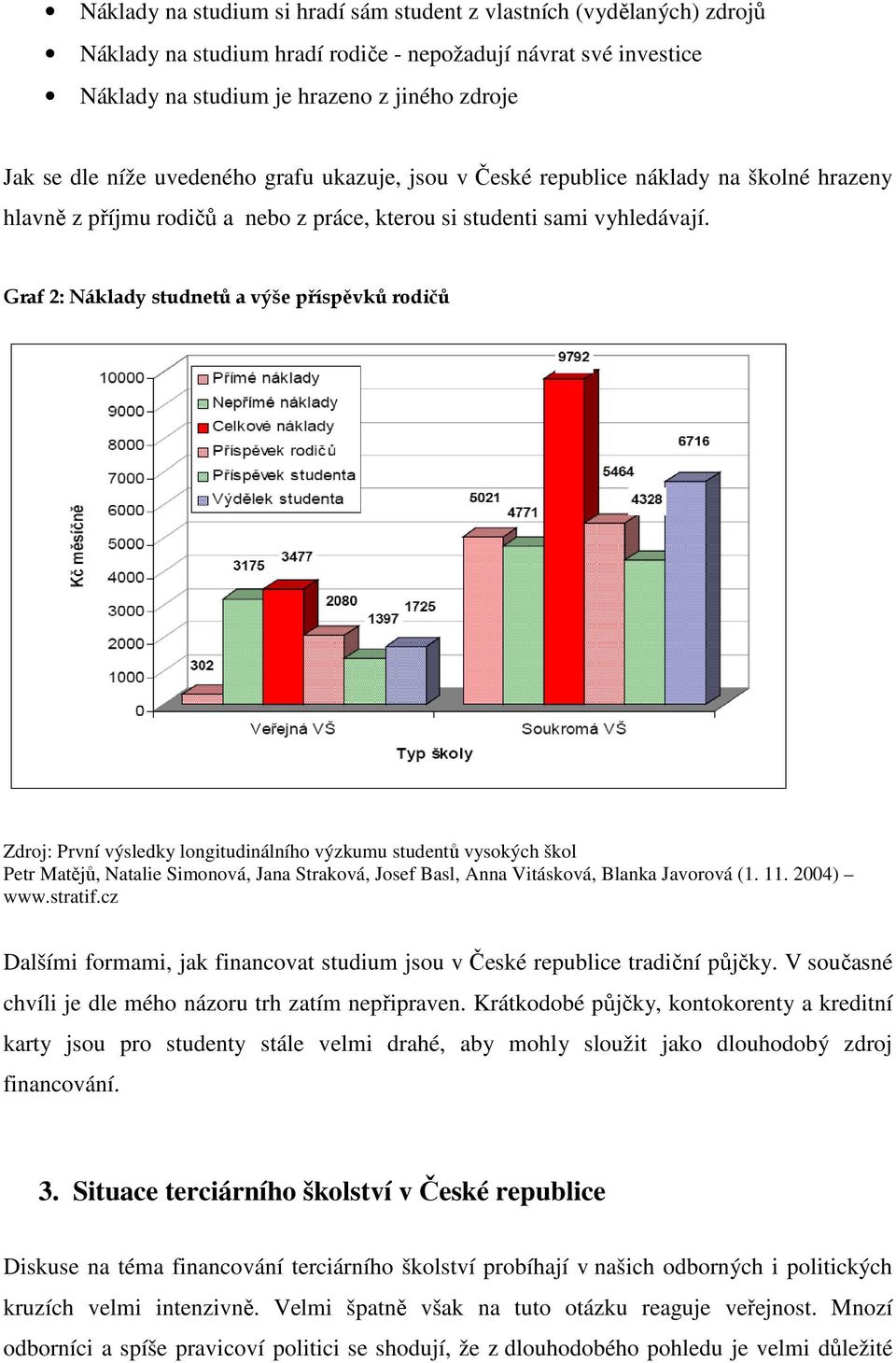 Graf 2: Náklady studnetů a výše příspěvků rodičů Zdroj: První výsledky longitudinálního výzkumu studentů vysokých škol Petr Matějů, Natalie Simonová, Jana Straková, Josef Basl, Anna Vitásková, Blanka