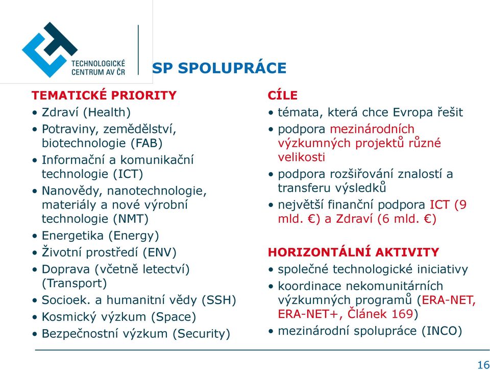 a humanitní vědy (SSH) Kosmický výzkum (Space) Bezpečnostní výzkum (Security) CÍLE témata, která chce Evropa řešit podpora mezinárodních výzkumných projektů různé velikosti podpora