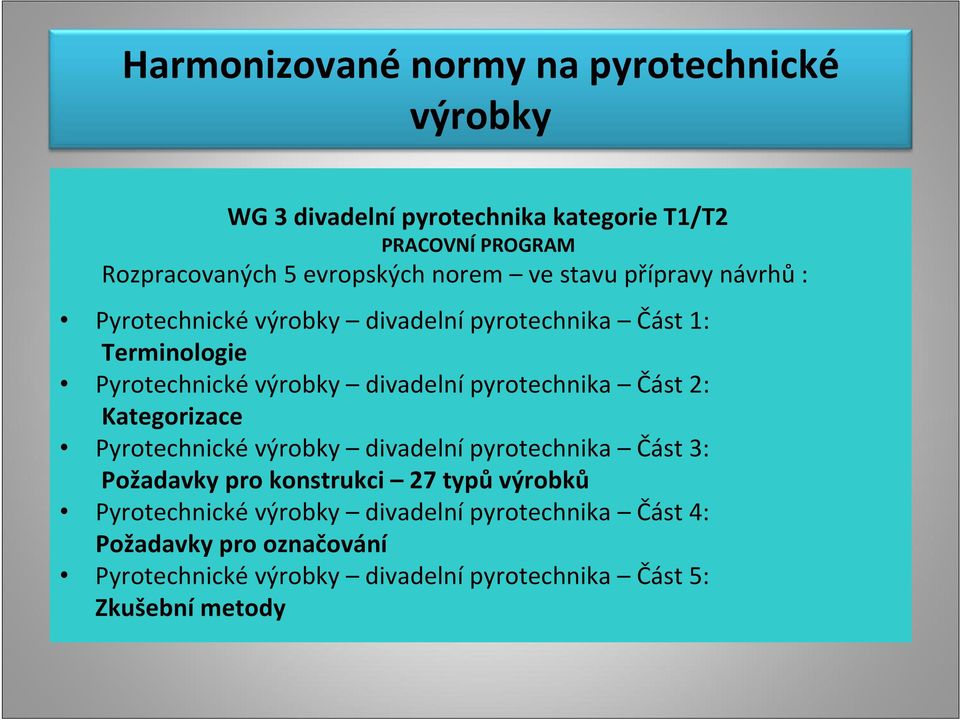 pyrotechnika Část 2: Kategorizace Pyrotechnické výrobky divadelní pyrotechnika Část 3: Požadavky pro konstrukci 27 typů výrobků