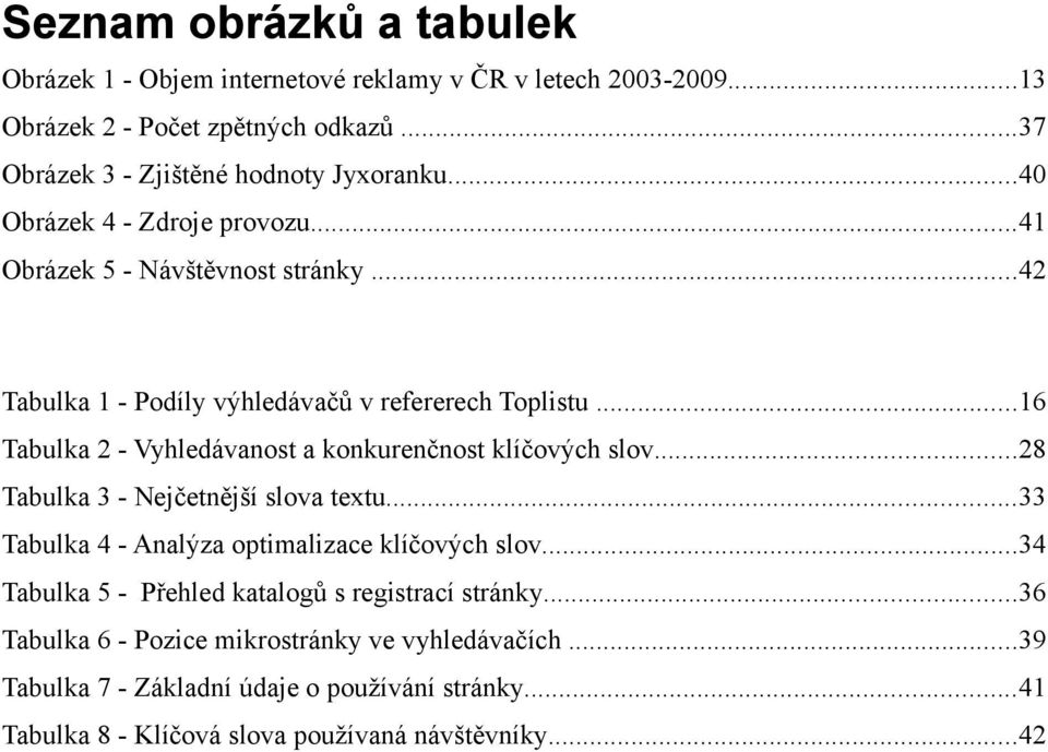 ..16 Tabulka 2 - Vyhledávanost a konkurenčnost klíčových slov...28 Tabulka 3 - Nejčetnější slova textu...33 Tabulka 4 - Analýza optimalizace klíčových slov.