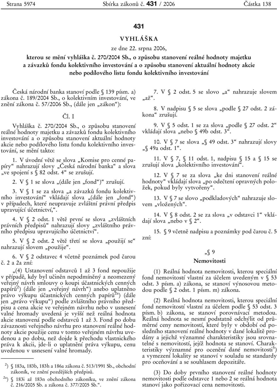 investovaânõâ CÏ eskaâ naârodnõâ banka stanovõâ podle 139 põâsm. a) zaâkona cï. 189/2004 Sb., o kolektivnõâm investovaânõâ, ve zneïnõâ z aâkona cï. 57/2006 Sb., (daâle jen ¹zaÂkonª): CÏ l.