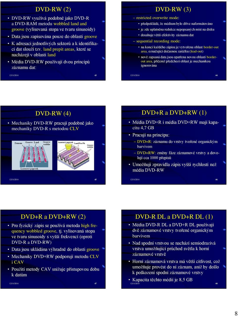 land prepit areas, které se nacházejí v oblasti land Média DVD-RW používají dvou principů záznamu dat: 12/11/2014 43 DVD-RW (3) restricted overwrite mode: předpokládá, že médium bylo dříve