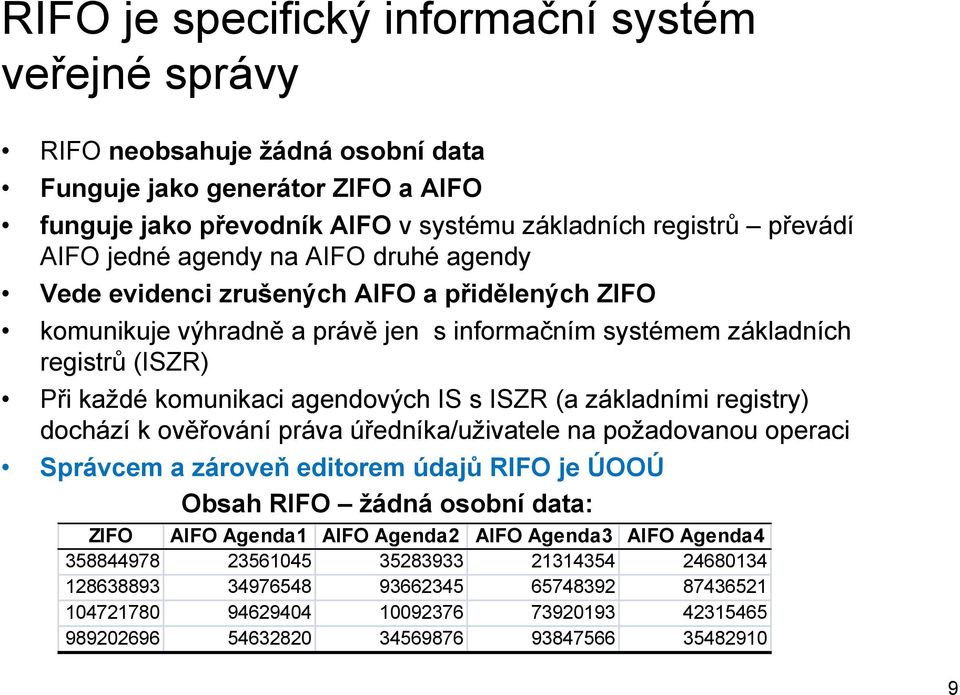 (a základními registry) dochází k ověřování práva úředníka/uživatele na požadovanou operaci Správcem a zároveň editorem údajů RIFO je ÚOOÚ Obsah RIFO žádná osobní data: ZIFO AIFO Agenda1 AIFO Agenda2
