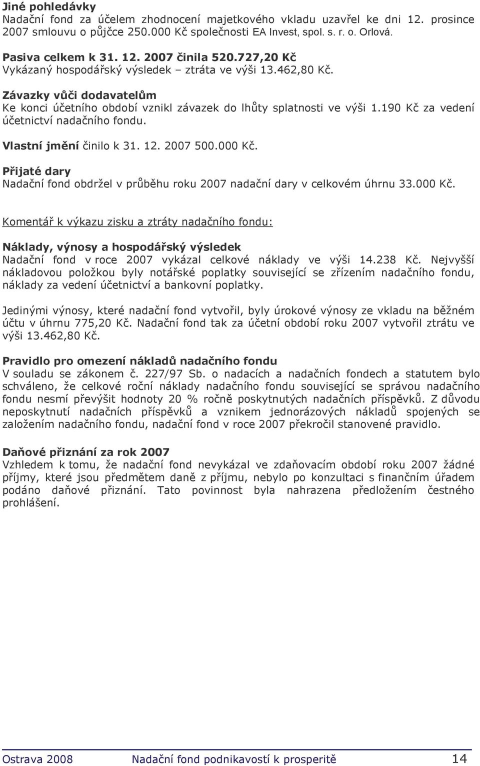 190 Kč za vedení účetnictví nadačního fondu. Vlastní jmění činilo k 31. 12. 2007 500.000 Kč.