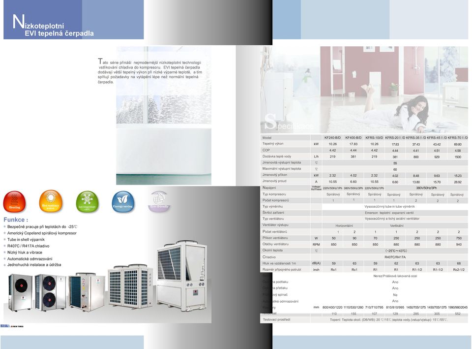 Heating Funkce : * Bezpečně pracuje při teplotách do -5 * merický Copeland spirálový kompresor * Tube in shell výparník * R407C R47 chladivo * Nízký hluk a vibrace * utomatické odmrazování *