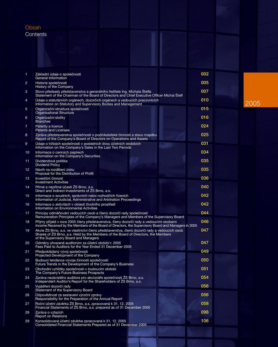 Information on Statutory and Supervisory Bodies and Management 5 Organizační struktura společnosti 015 Organisational Structure 6 Organizační složky 016 Branches 7 Patenty a licence 024 Patents and