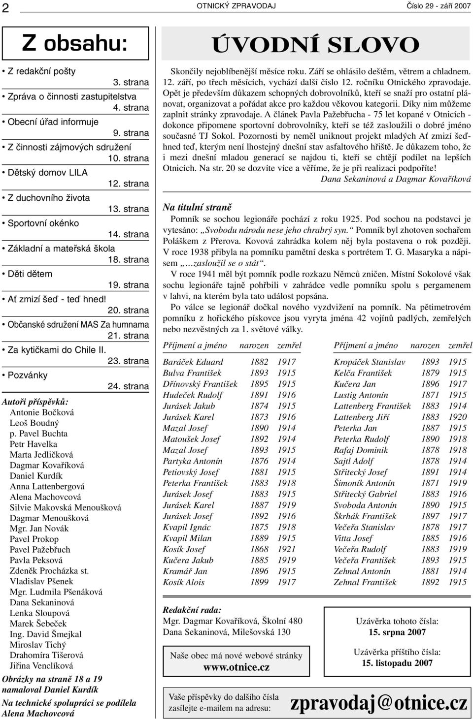 strana Občanské sdružení MAS Za humnama 21. strana Za kytičkami do Chile II. 23. strana Pozvánky 24. strana Autoři příspěvků: Antonie Bočková Leoš Boudný p.