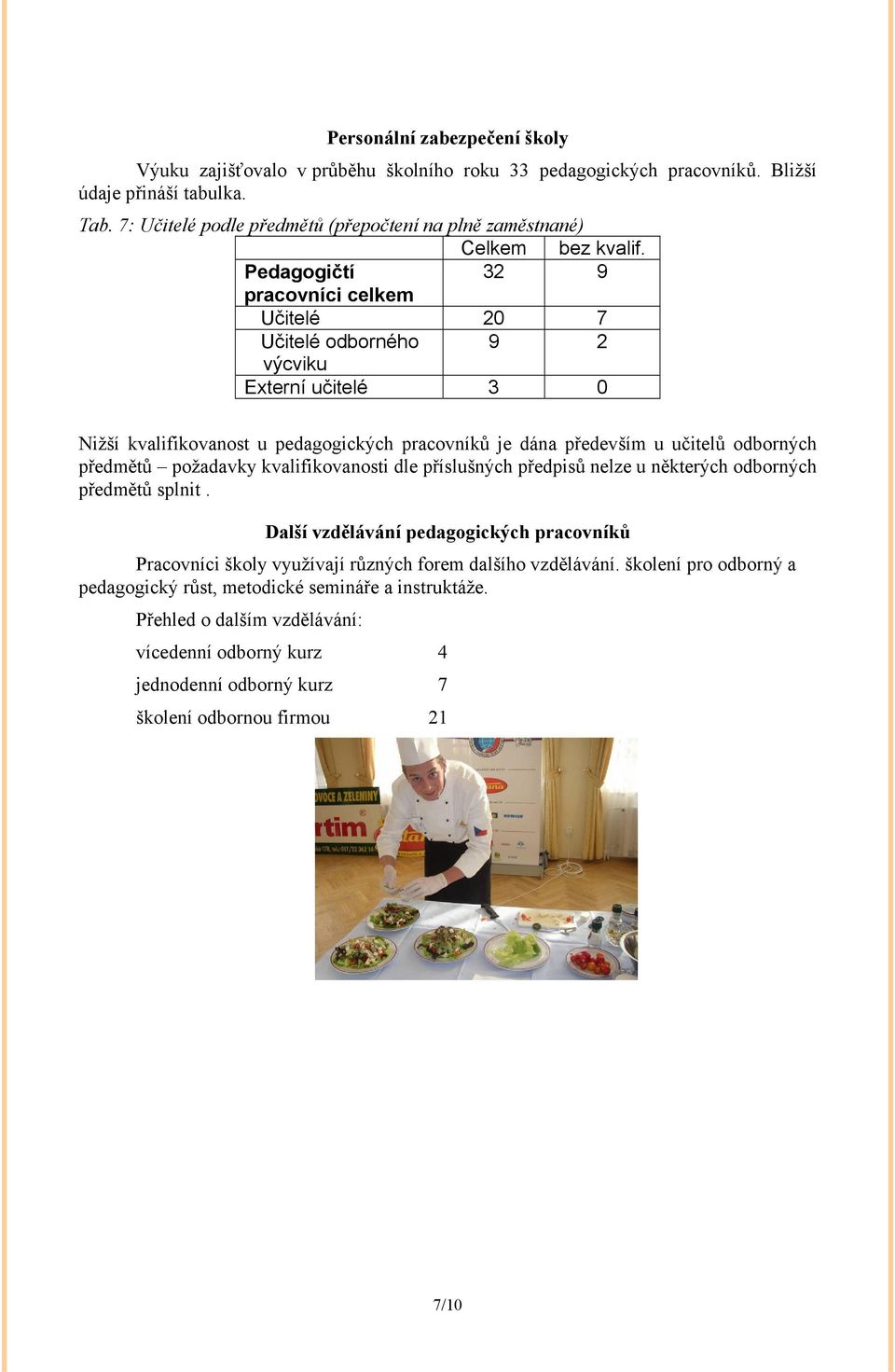 Pedagogičtí 32 9 pracovníci celkem Učitelé 20 7 Učitelé odborného 9 2 výcviku Externí učitelé 3 0 Nižší kvalifikovanost u pedagogických pracovníků je dána především u učitelů odborných předmětů