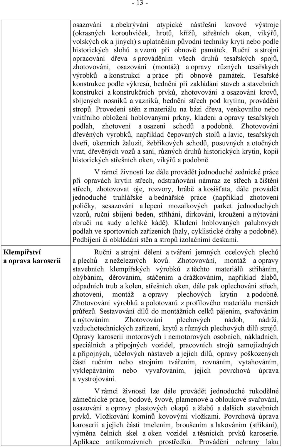 Ruční a strojní opracování dřeva s prováděním všech druhů tesařských spojů, zhotovování, osazování (montáž) a opravy různých tesařských výrobků a konstrukcí a práce při obnově památek.