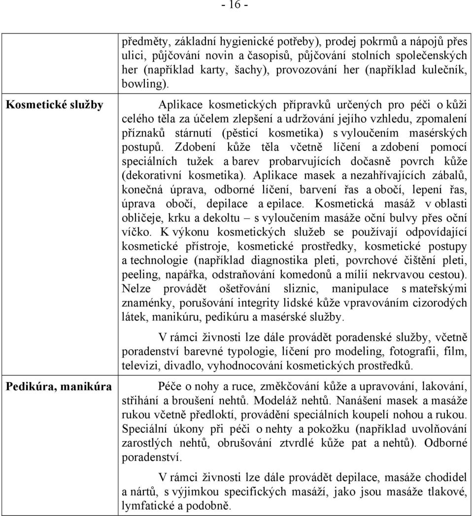 Aplikace kosmetických přípravků určených pro péči o kůži celého těla za účelem zlepšení a udržování jejího vzhledu, zpomalení příznaků stárnutí (pěsticí kosmetika) s vyloučením masérských postupů.