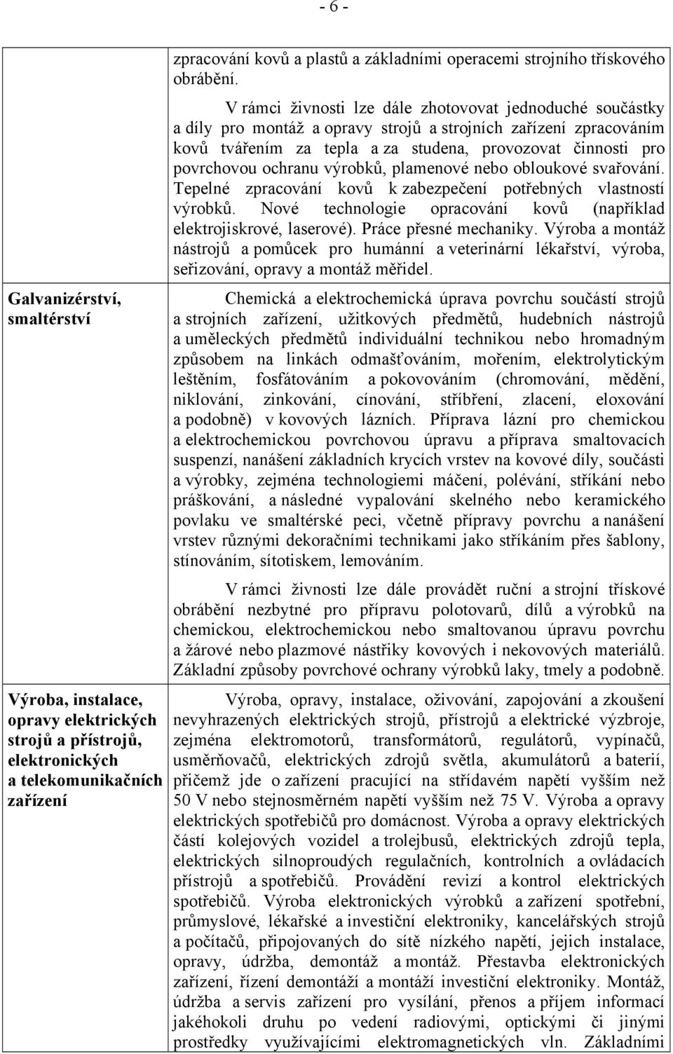 V rámci živnosti lze dále zhotovovat jednoduché součástky a díly pro montáž a opravy strojů a strojních zařízení zpracováním kovů tvářením za tepla a za studena, provozovat činnosti pro povrchovou