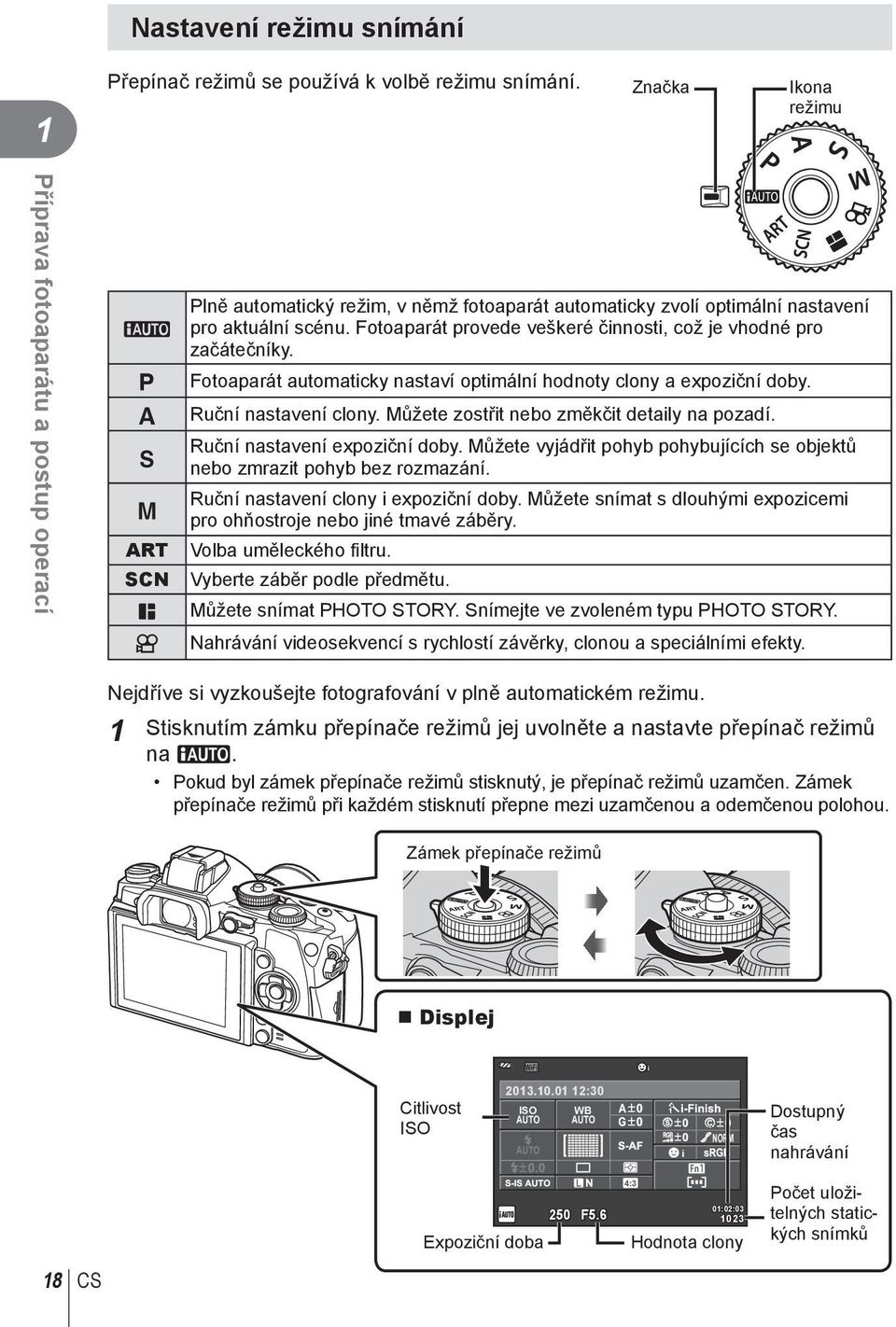 Fotoaparát provede veškeré činnosti, což je vhodné pro začátečníky. Fotoaparát automaticky nastaví optimální hodnoty clony a expoziční doby. Ruční nastavení clony.