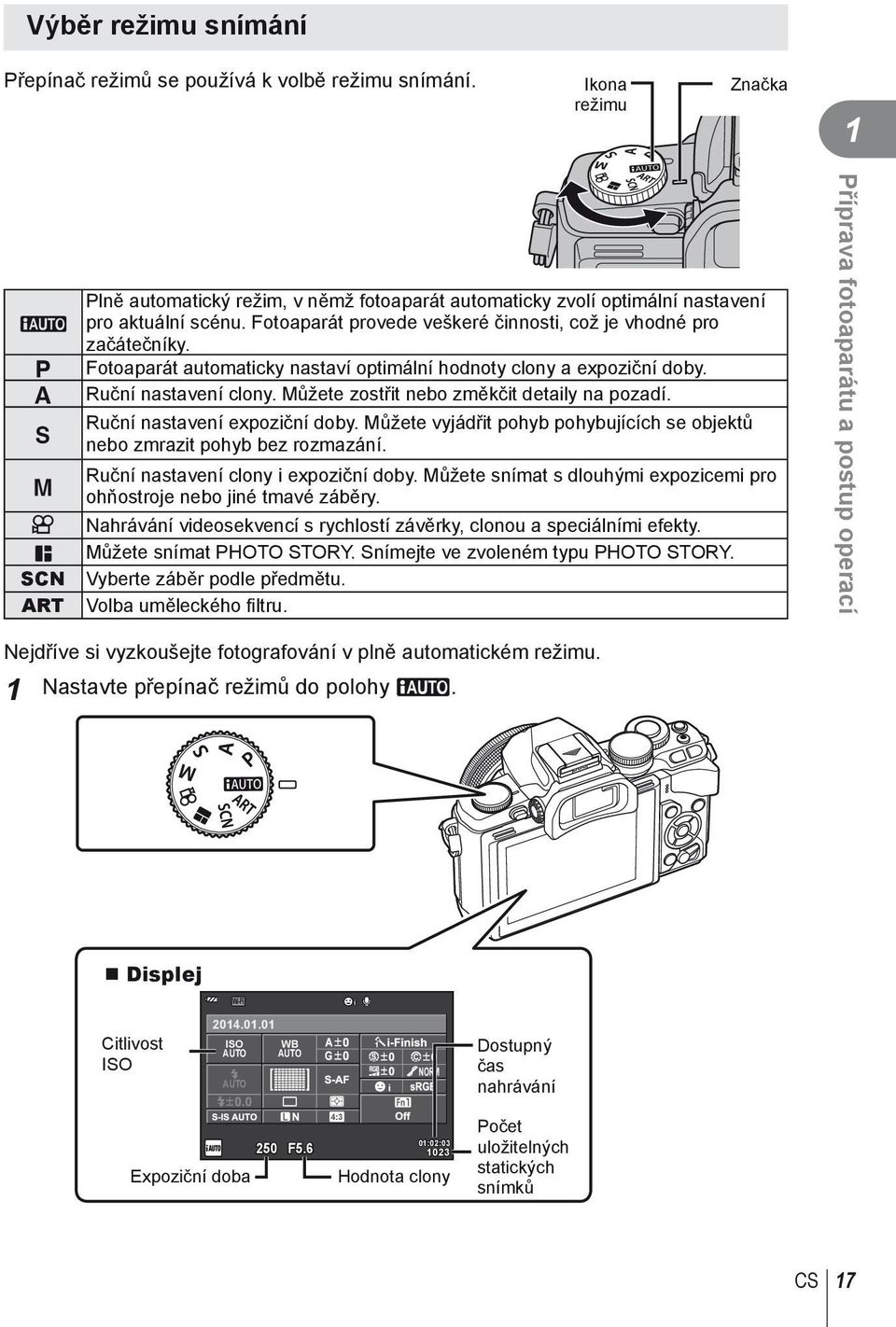 Fotoaparát provede veškeré činnosti, což je vhodné pro začátečníky. Fotoaparát automaticky nastaví optimální hodnoty clony a expoziční doby. Ruční nastavení clony.