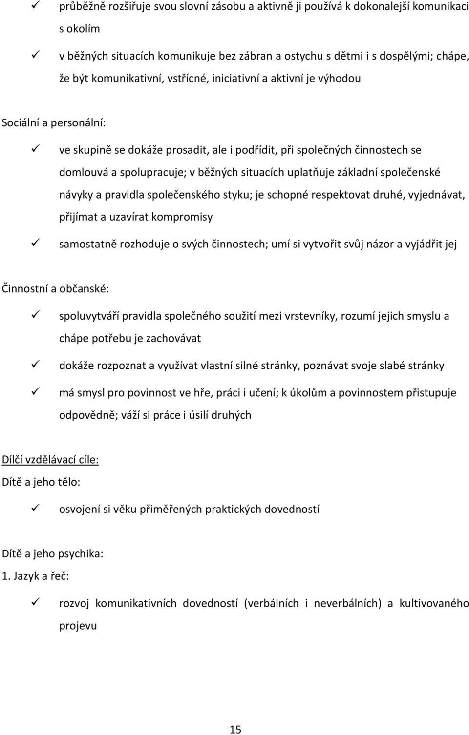 základní společenské návyky a pravidla společenského styku; je schopné respektovat druhé, vyjednávat, přijímat a uzavírat kompromisy samostatně rozhoduje o svých činnostech; umí si vytvořit svůj