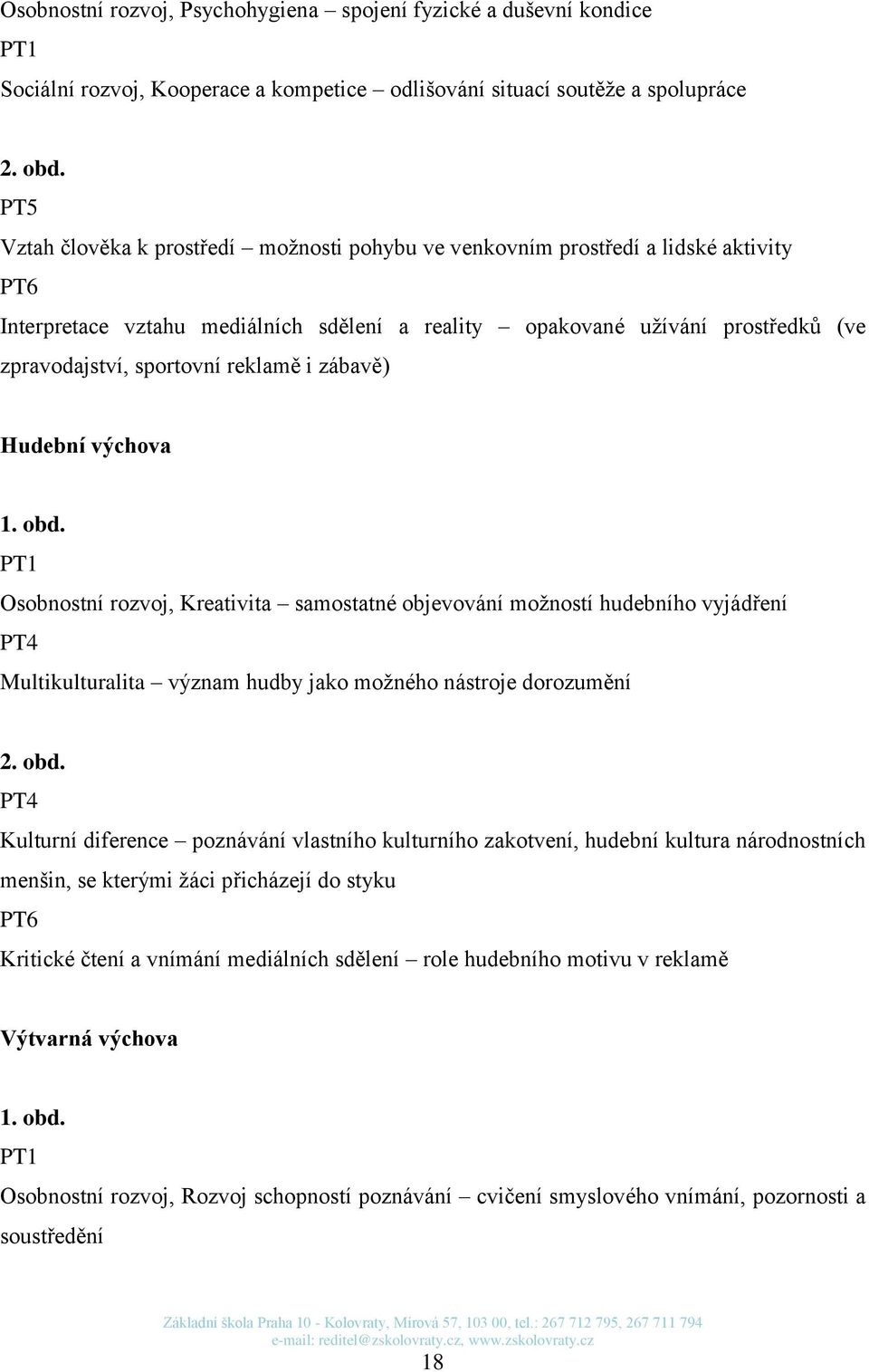 reklamě i zábavě) Hudební výchova 1. obd. PT1 Osobnostní rozvoj, Kreativita samostatné objevování možností hudebního vyjádření PT4 Multikulturalita význam hudby jako možného nástroje dorozumění 2.