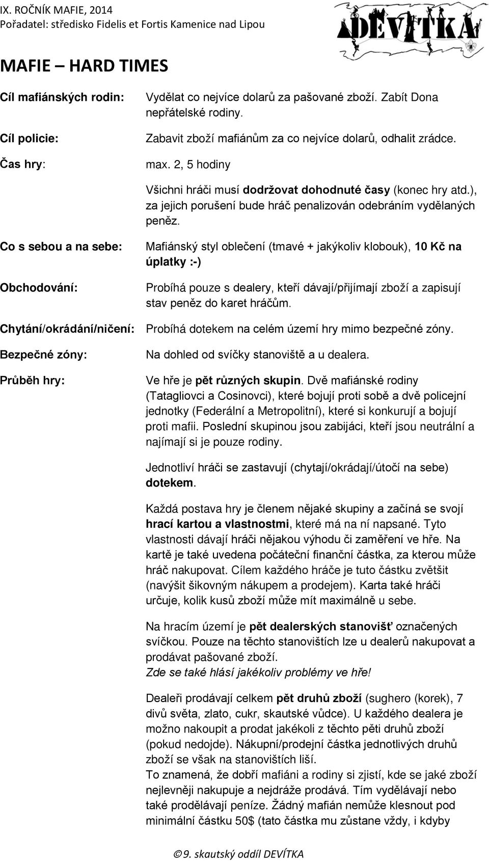 Co s sebou a na sebe: Obchodování: Mafiánský styl oblečení (tmavé + jakýkoliv klobouk), 10 Kč na úplatky :-) Probíhá pouze s dealery, kteří dávají/přijímají zboží a zapisují stav peněz do karet