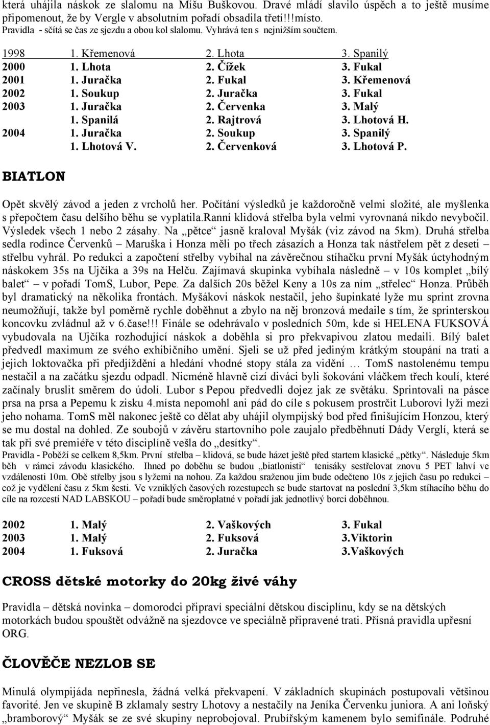 Křemenová 2002 1. Soukup 2. Juračka 3. Fukal 2003 1. Juračka 2. Červenka 3. Malý 1. Spanilá 2. Rajtrová 3. Lhotová H. 2004 1. Juračka 2. Soukup 3. Spanilý 1. Lhotová V. 2. Červenková 3. Lhotová P.