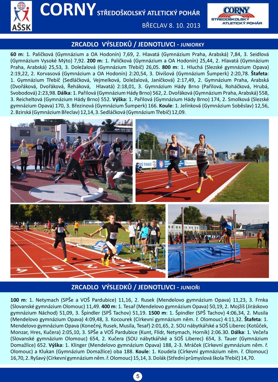 Hluchá (Slezské gymnázium Opava) 2:19,22, 2. Korvasová (Gymnázium a OA Hodonín) 2:20,54, 3. Divišová (Gymnázium Šumperk) 2:20,78. Štafeta: 1.