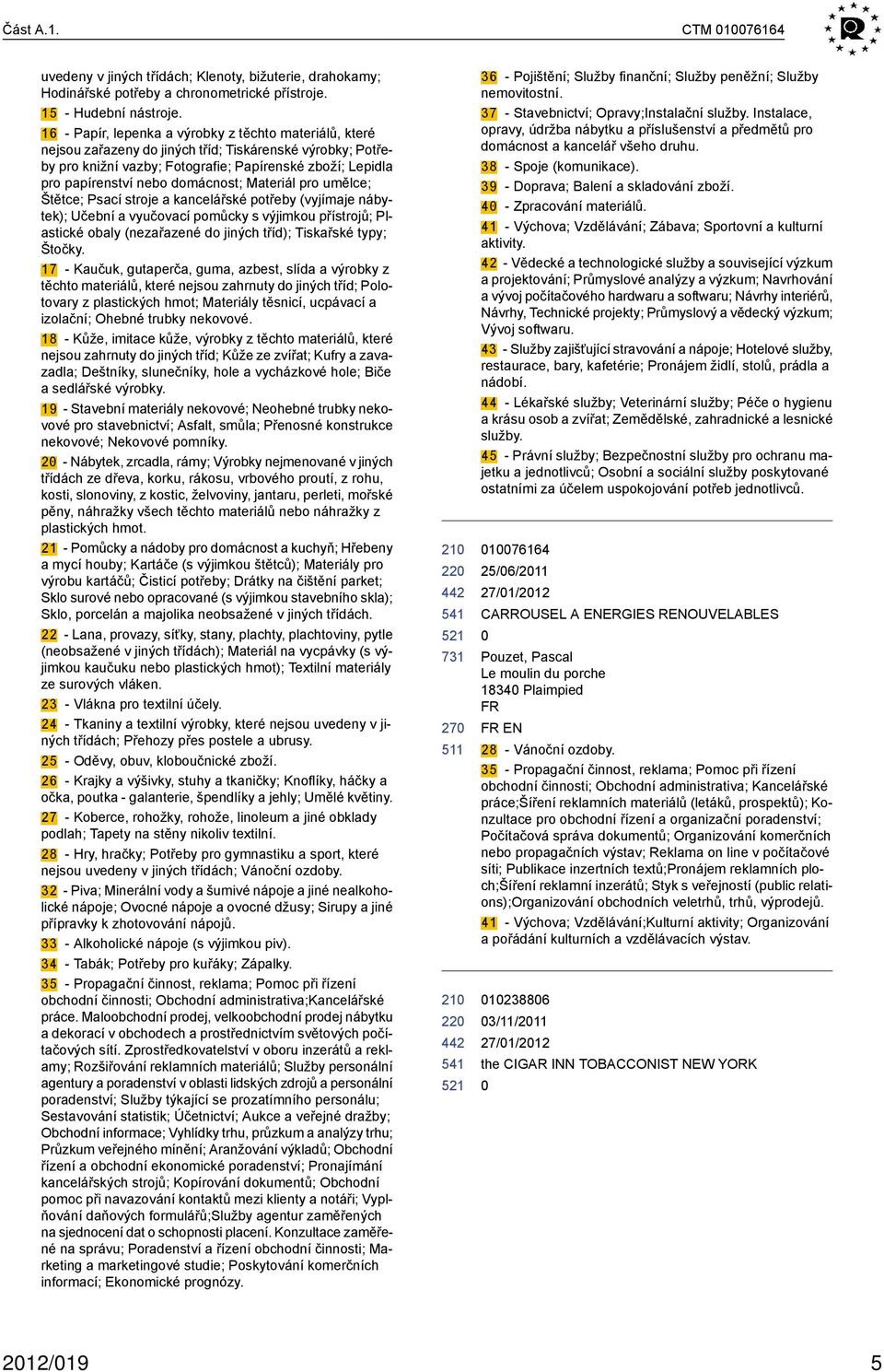 domácnost; Materiál pro umělce; Štětce; Psací stroje a kancelářské potřeby (vyjímaje nábytek); Učební a vyučovací pomůcky s výjimkou přístrojů; Plastické obaly (nezařazené do jiných tříd); Tiskařské