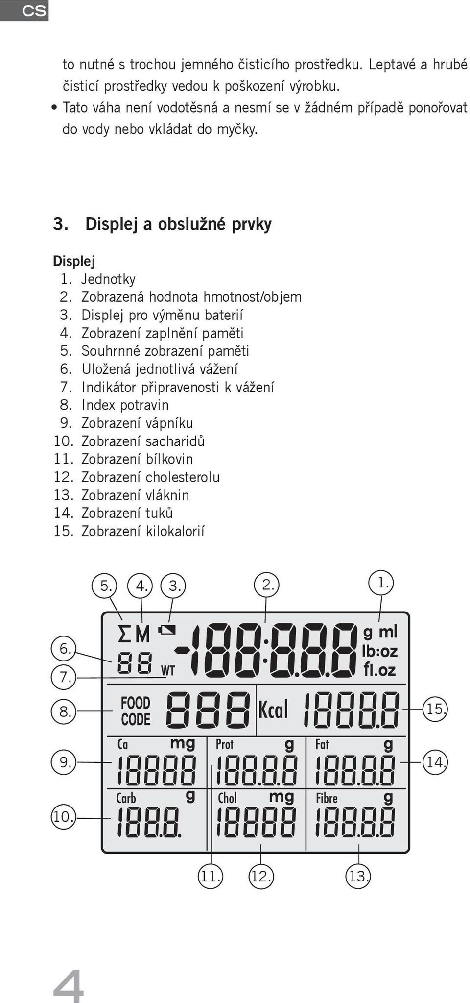 Zobrazená hodnota hmotnost/objem 3. Displej pro výměnu baterií 4. Zobrazení zaplnění paměti 5. Souhrnné zobrazení paměti 6. Uložená jednotlivá vážení 7.