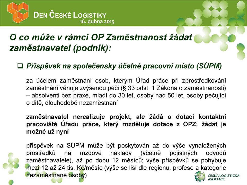 1 Zákona o zaměstnanosti) absolventi bez praxe, mladí do 30 let, osoby nad 50 let, osoby pečující o dítě, dlouhodobě nezaměstnaní zaměstnavatel nerealizuje projekt, ale žádá o dotaci kontaktní