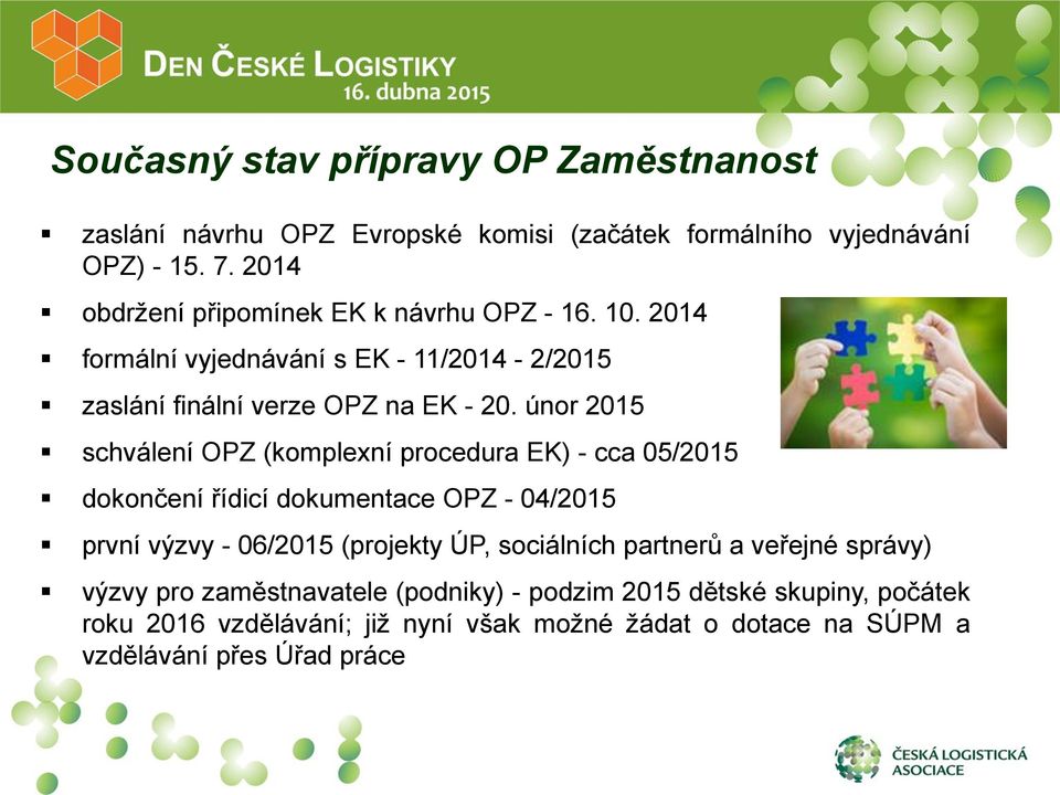 únor 2015 schválení OPZ (komplexní procedura EK) - cca 05/2015 dokončení řídicí dokumentace OPZ - 04/2015 první výzvy - 06/2015 (projekty ÚP,