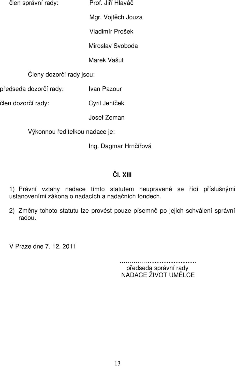 Pazour Cyril Jeníček Josef Zeman Výkonnou ředitelkou nadace je: Ing. Dagmar Hrnčířová Čl.