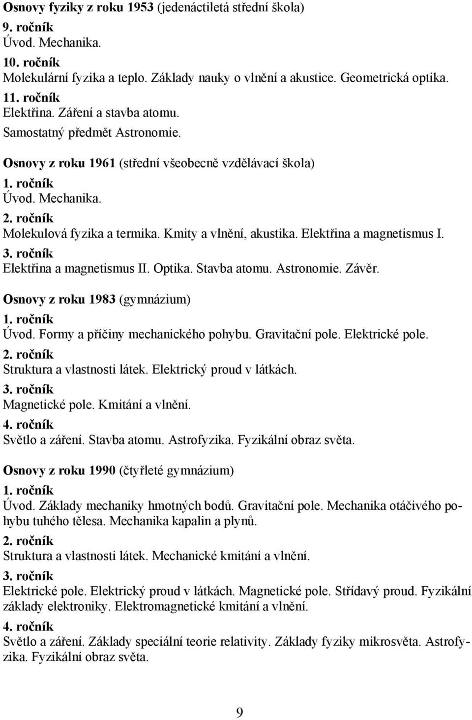 Kmity a vlnění, akustika. Elektřina a magnetismus I. 3. ročník Elektřina a magnetismus II. Optika. Stavba atomu. Astronomie. Závěr. Osnovy z roku 1983 (gymnázium) 1. ročník Úvod.