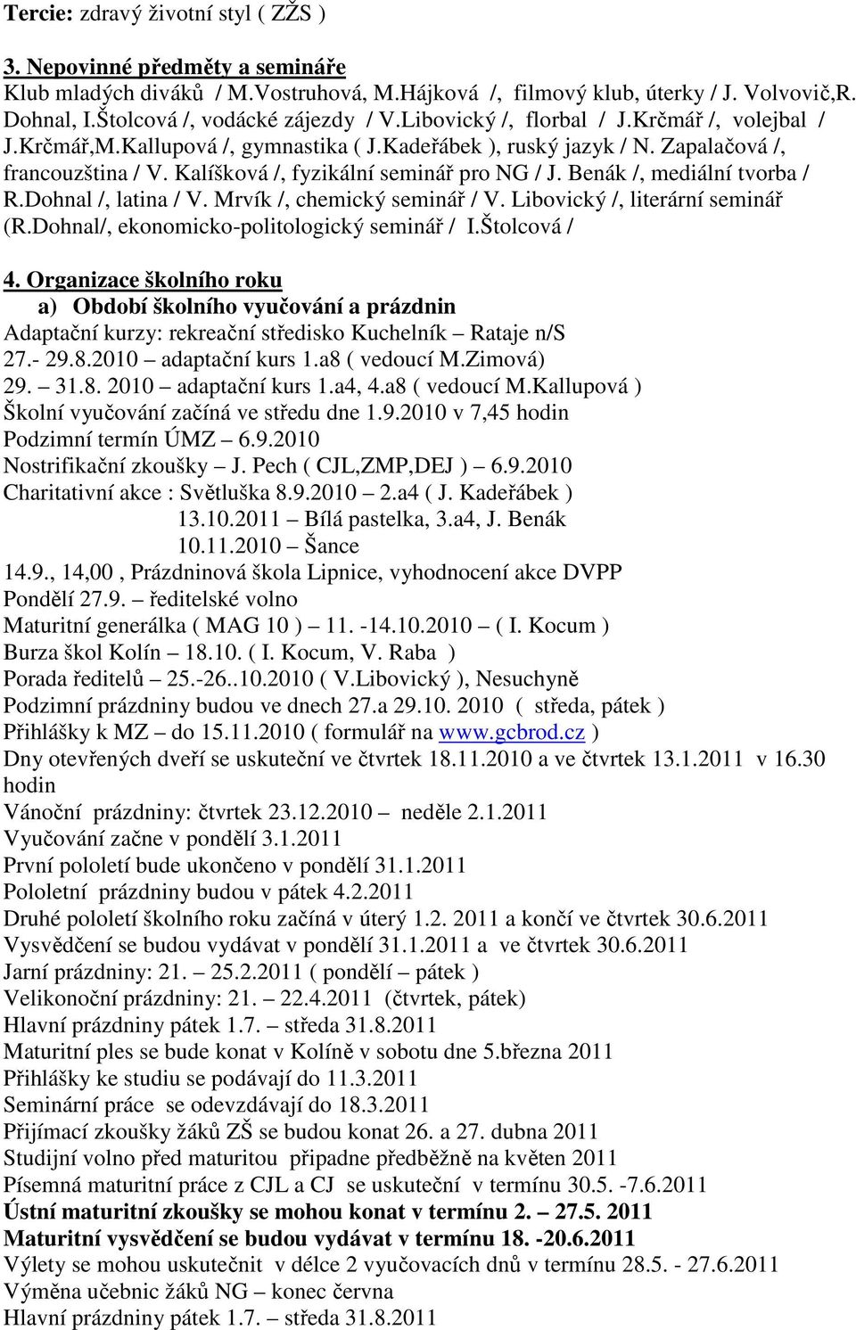 Benák /, mediální tvorba / R.Dohnal /, latina / V. Mrvík /, chemický seminář / V. Libovický /, literární seminář (R.Dohnal/, ekonomicko-politologický seminář / I.Štolcová / 4.