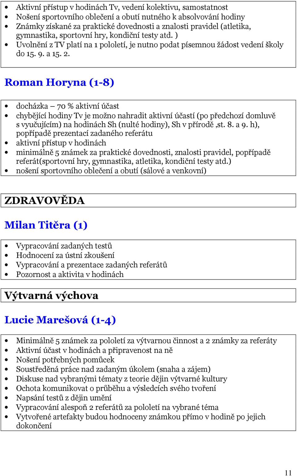 Roman Horyna (1-8) docházka 70 % aktivní účast chybějící hodiny Tv je možno nahradit aktivní účastí (po předchozí domluvě s vyučujícím) na hodinách Sh (nulté hodiny), Sh v přírodě st. 8. a 9.