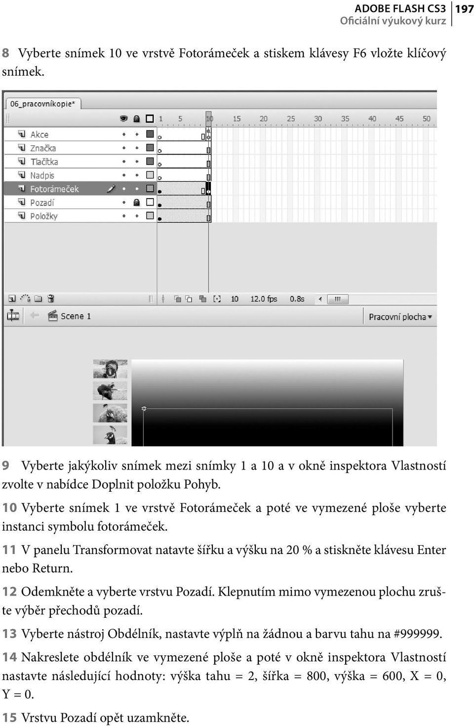 10 Vyberte snímek 1 ve vrstvě Fotorámeček a poté ve vymezené ploše vyberte instanci symbolu fotorámeček. 11 V panelu Transformovat natavte šířku a výšku na 20 % a stiskněte klávesu Enter nebo Return.