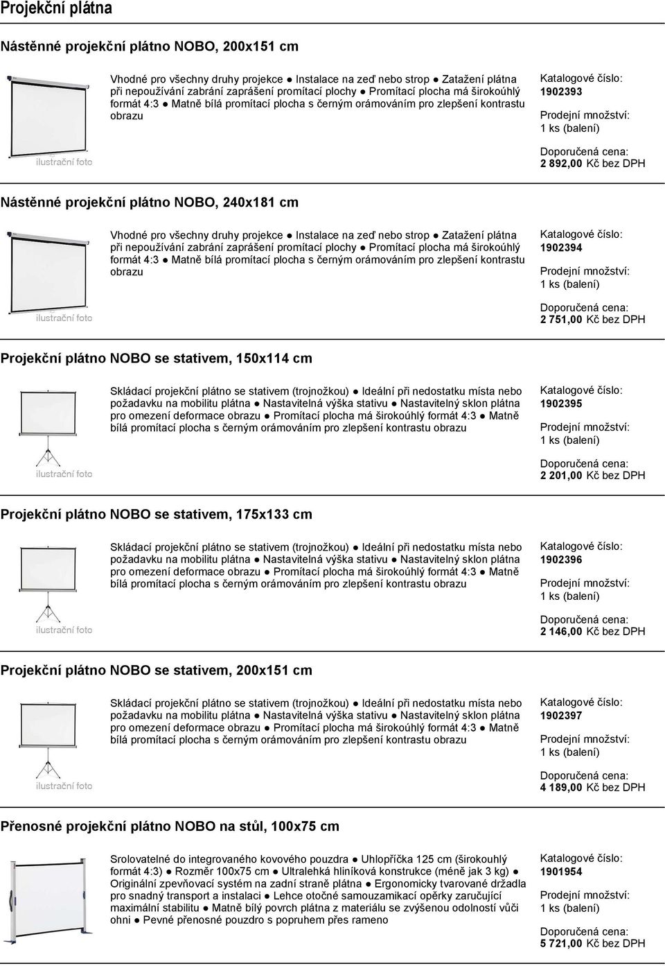 druhy projekce Instalace na zeď nebo strop Zatažení plátna při nepoužívání zabrání zaprášení promítací plochy Promítací plocha má širokoúhlý formát 4:3 Matně bílá promítací plocha s černým orámováním