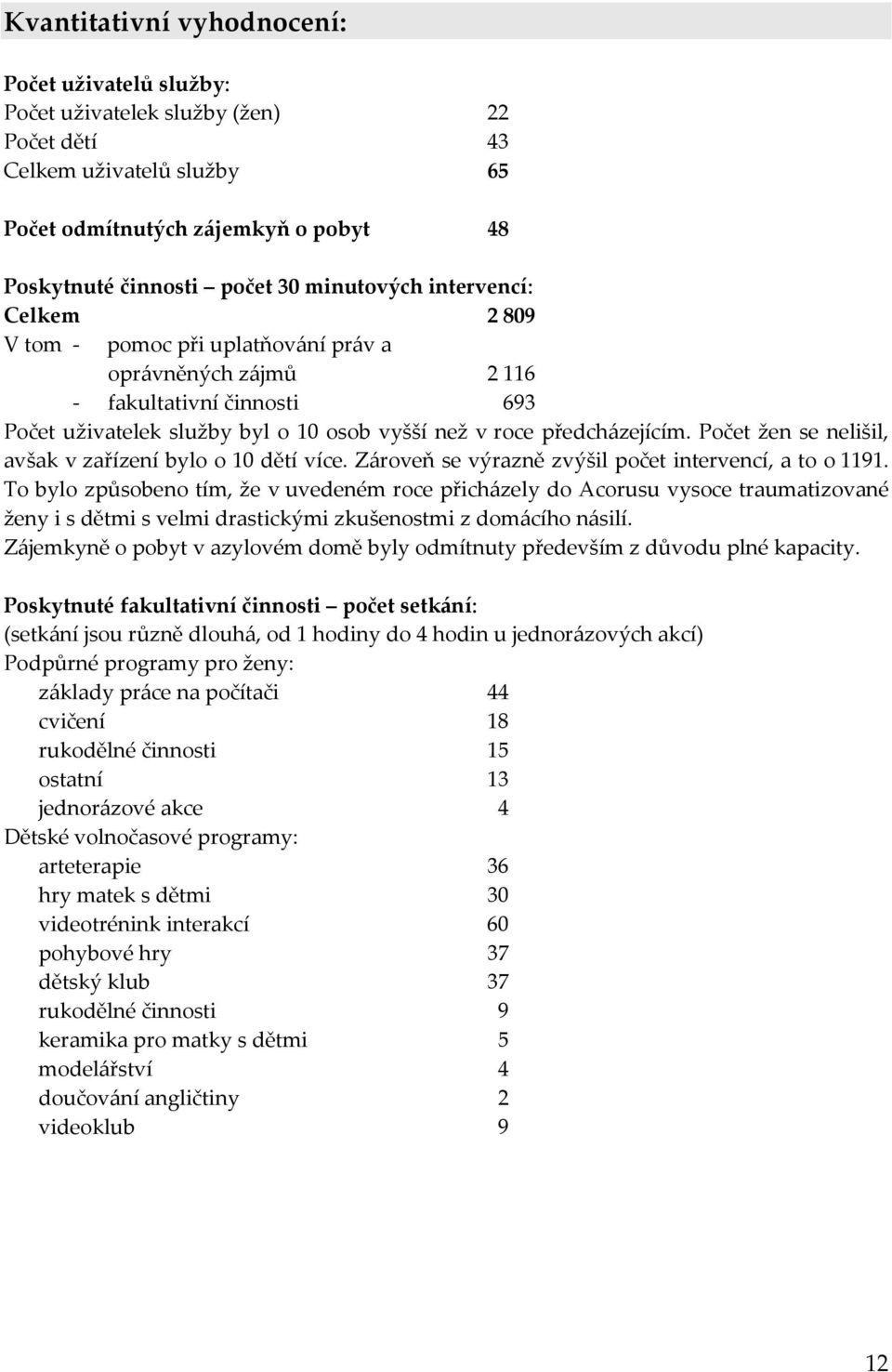 Počet žen se nelišil, avšak v zařízení bylo o 10 dětí více. Zároveň se výrazně zvýšil počet intervencí, a to o 1191.