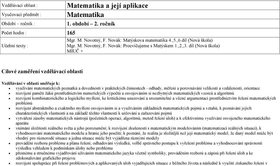 díl (Nová škola) MIUČ + Cílové zaměření vzdělávací oblasti Vzdělávání v oblasti směřuje k: využívání matematických poznatků a dovedností v praktických činnostech - odhady, měření a porovnávání