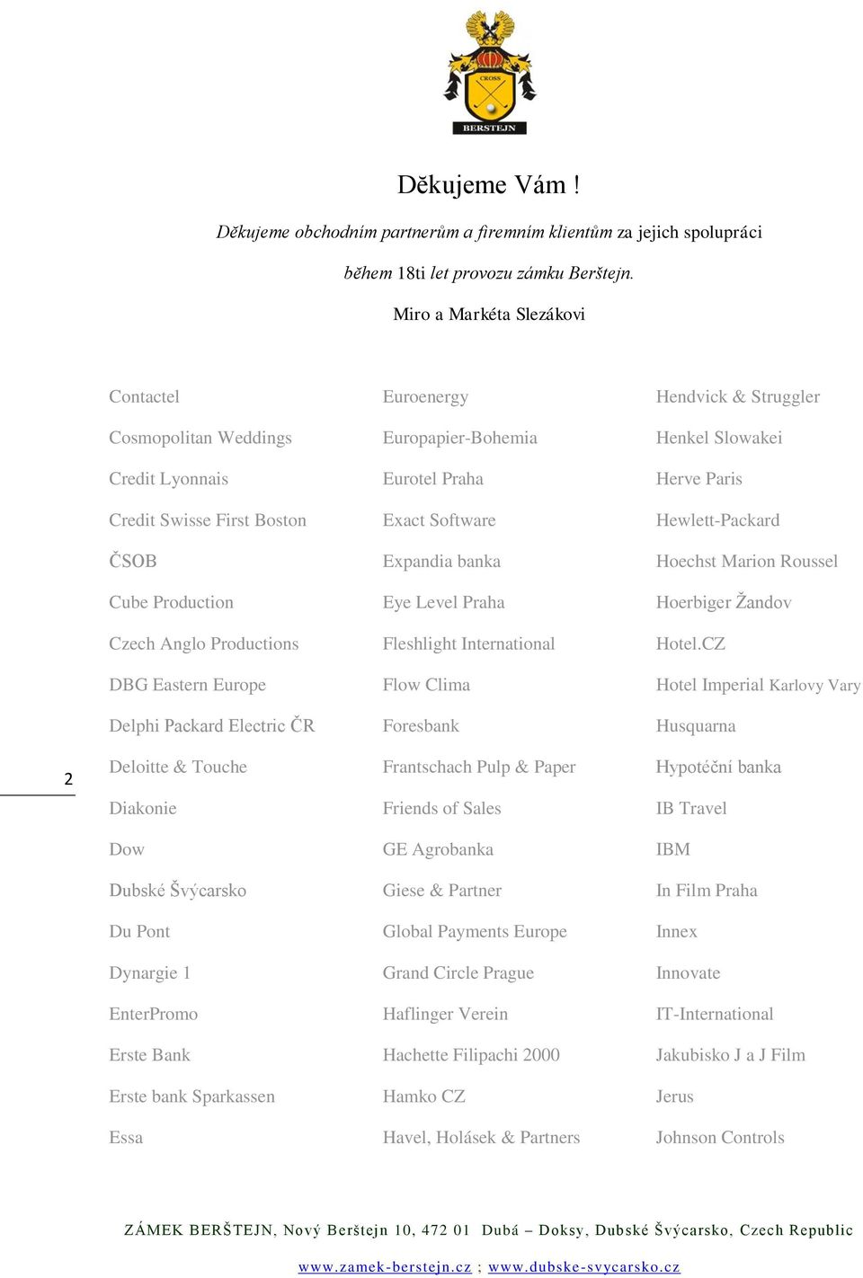 CZ DBG Eastern Europe Flow Clima Hotel Imperial Karlovy Vary Delphi Packard Electric ČR Foresbank Husquarna 2 Deloitte & Touche Frantschach Pulp & Paper Hypotéční banka Diakonie Friends of Sales IB