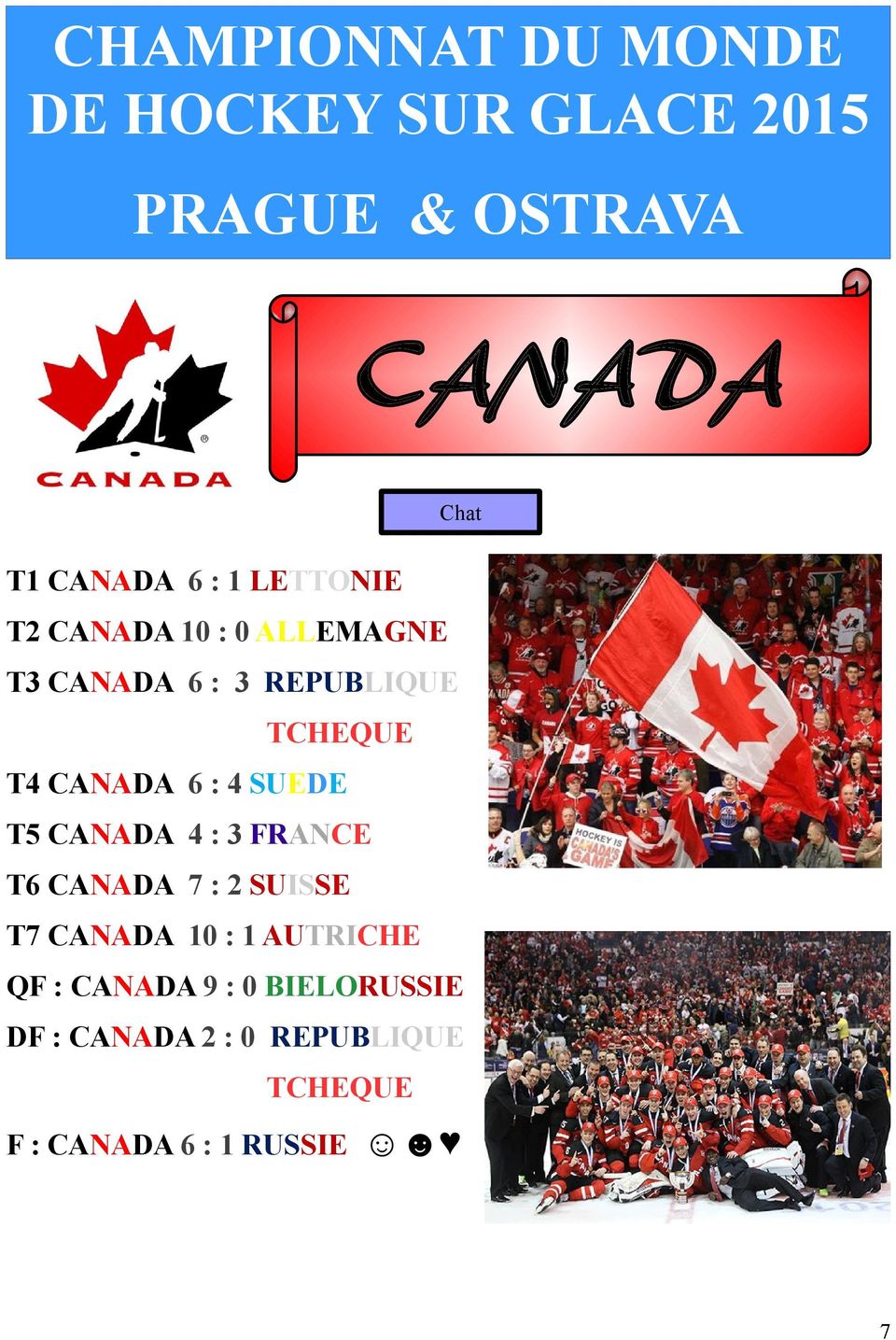 : 4 SUEDE T5 CANADA 4 : 3 FRANCE T6 CANADA 7 : 2 SUISSE T7 CANADA 10 : 1 AUTRICHE QF :