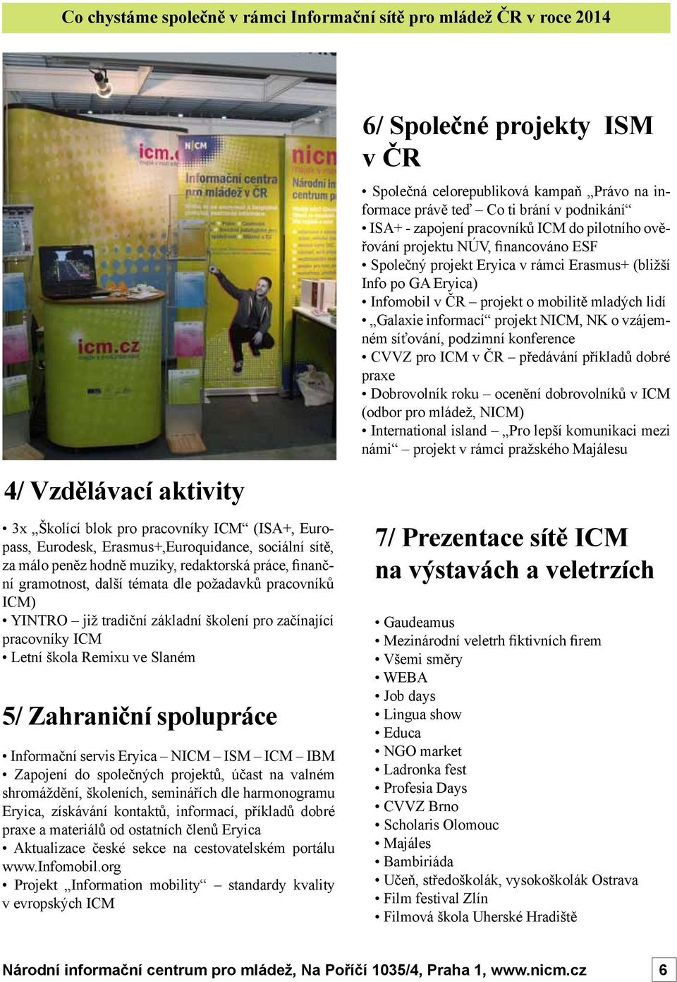 informací projekt NICM, NK o vzájemném síťování, podzimní konference CVVZ pro ICM v ČR předávání příkladů dobré praxe Dobrovolník roku ocenění dobrovolníků v ICM (odbor pro mládež, NICM)