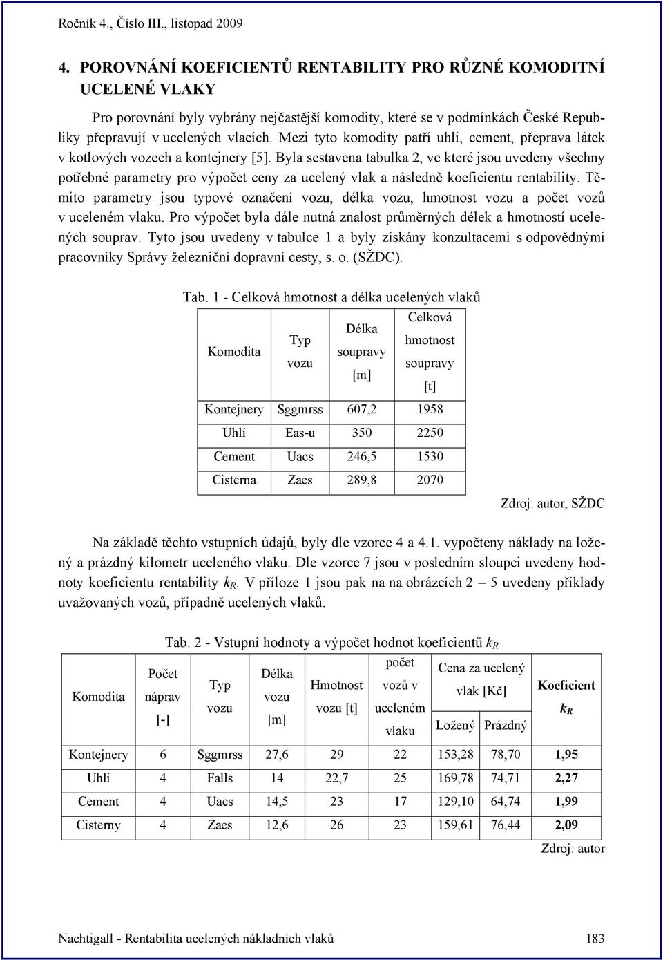 Byla sestavena tabulka 2, ve které jsou uvedeny všechny potřebné paraetry pro výpočet ceny za ucelený vlak a následně koeficientu rentability.