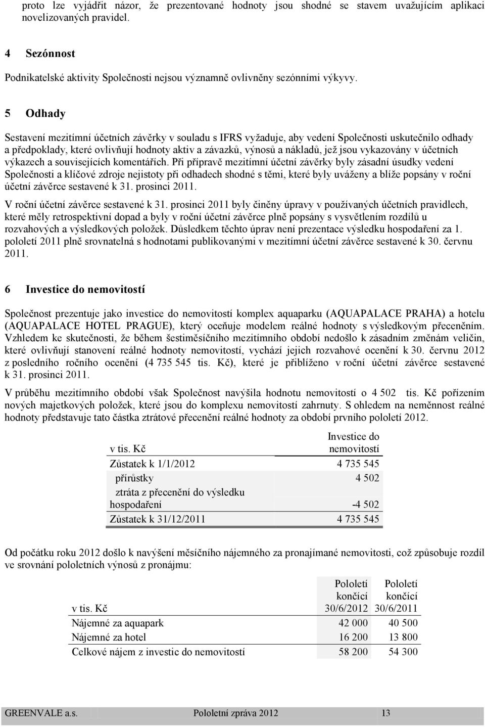 5 Odhady Sestavení mezitímní účetních závěrky v souladu s IFRS vyžaduje, aby vedení Společnosti uskutečnilo odhady a předpoklady, které ovlivňují hodnoty aktiv a závazků, výnosů a nákladů, jež jsou