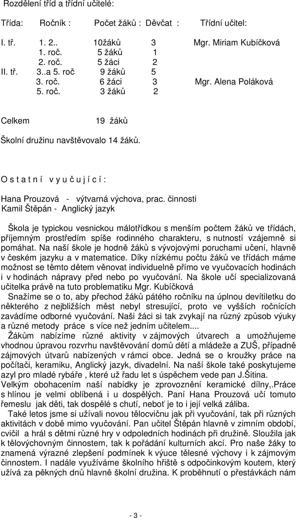 činnosti Kamil Štěpán - Anglický jazyk Škola je typickou vesnickou málotřídkou s menším počtem žáků ve třídách, příjemným prostředím spíše rodinného charakteru, s nutností vzájemně si pomáhat.