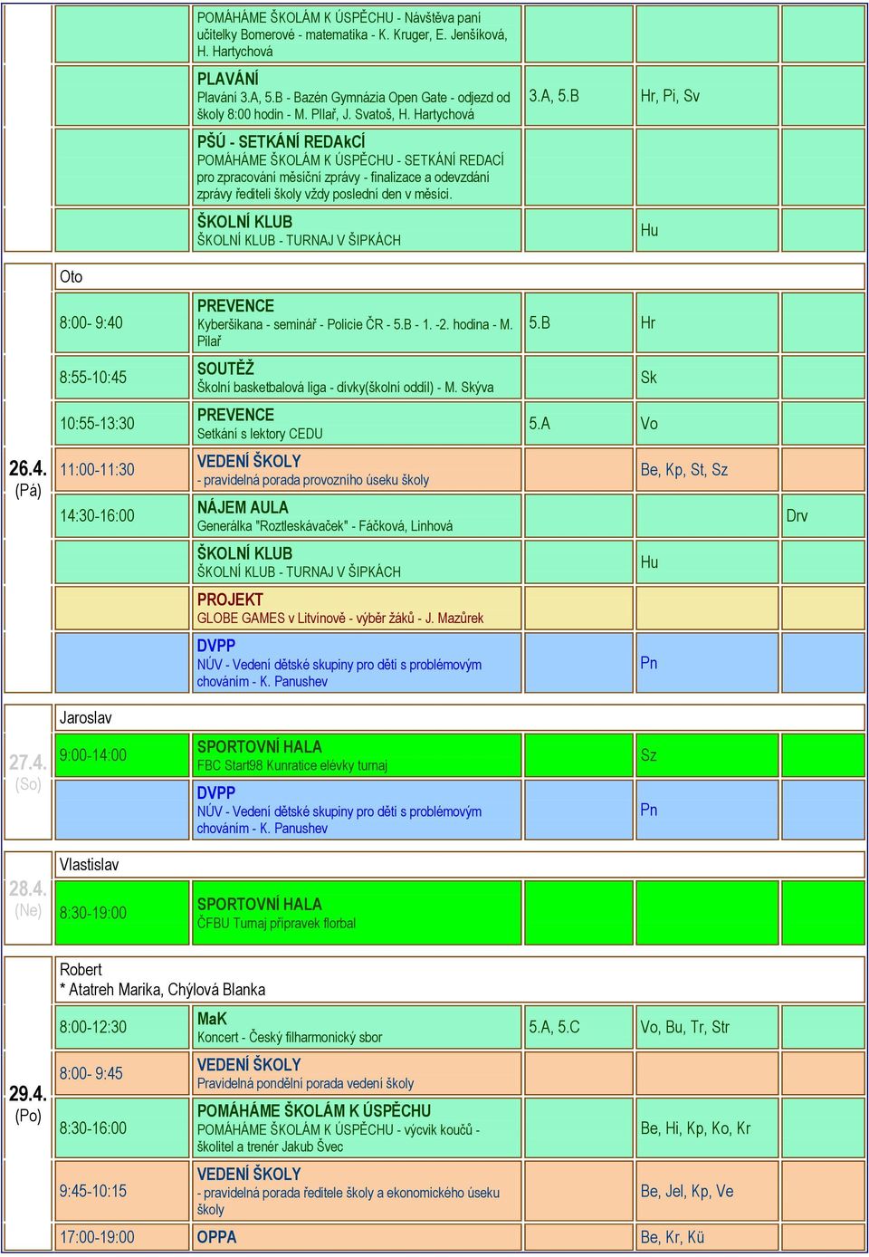 B Hr, Pi, Sv Oto 8:00-9:40 PREVENCE Kyberšikana - seminář - Policie ČR - 5.B - 1. -2. hodina - M. Pilař 5.B Hr 8:55-10:45 SOUTĚŽ Školní basketbalová liga - dívky(školní oddíl) - M.