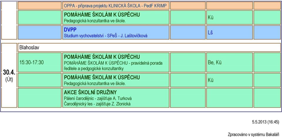 - pravidelná porada Pedagogická konzultantka ve škole.