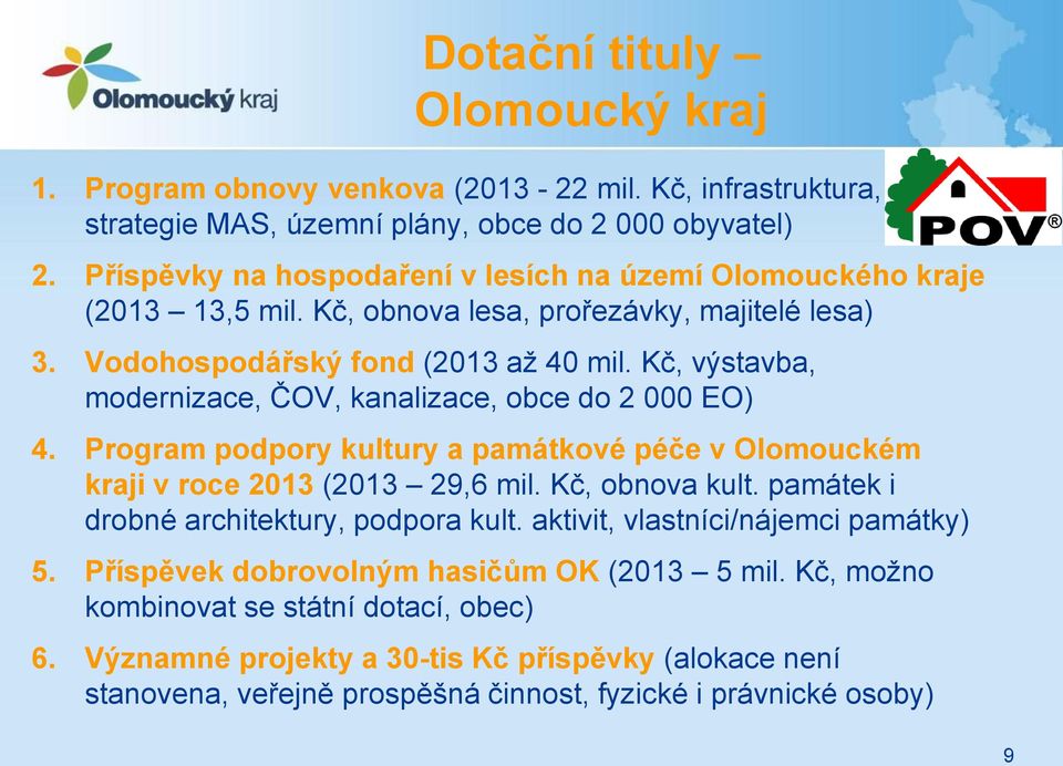 Kč, výstavba, modernizace, ČOV, kanalizace, obce do 2 000 EO) 4. Program podpory kultury a památkové péče v Olomouckém kraji v roce 2013 (2013 29,6 mil. Kč, obnova kult.