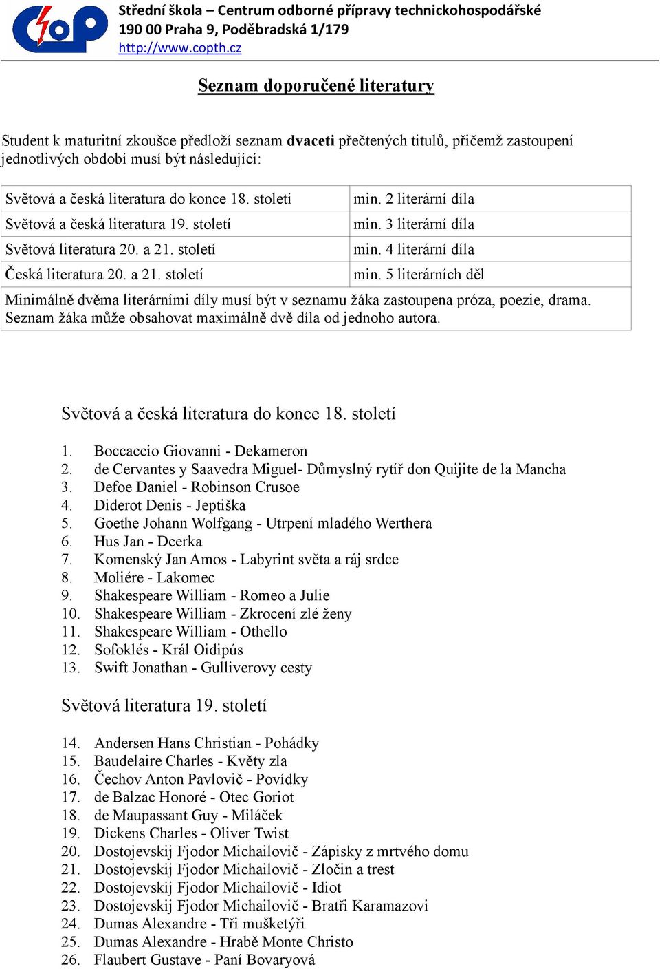 5 literárních děl Minimálně dvěma literárními díly musí být v seznamu ţáka zastoupena próza, poezie, drama. Seznam ţáka můţe obsahovat maximálně dvě díla od jednoho autora.