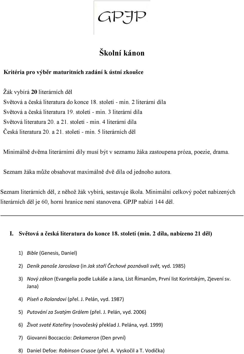 Seznam žáka může obsahovat maximálně dvě díla od jednoho autora. Seznam literárních děl, z něhož žák vybírá, sestavuje škola.